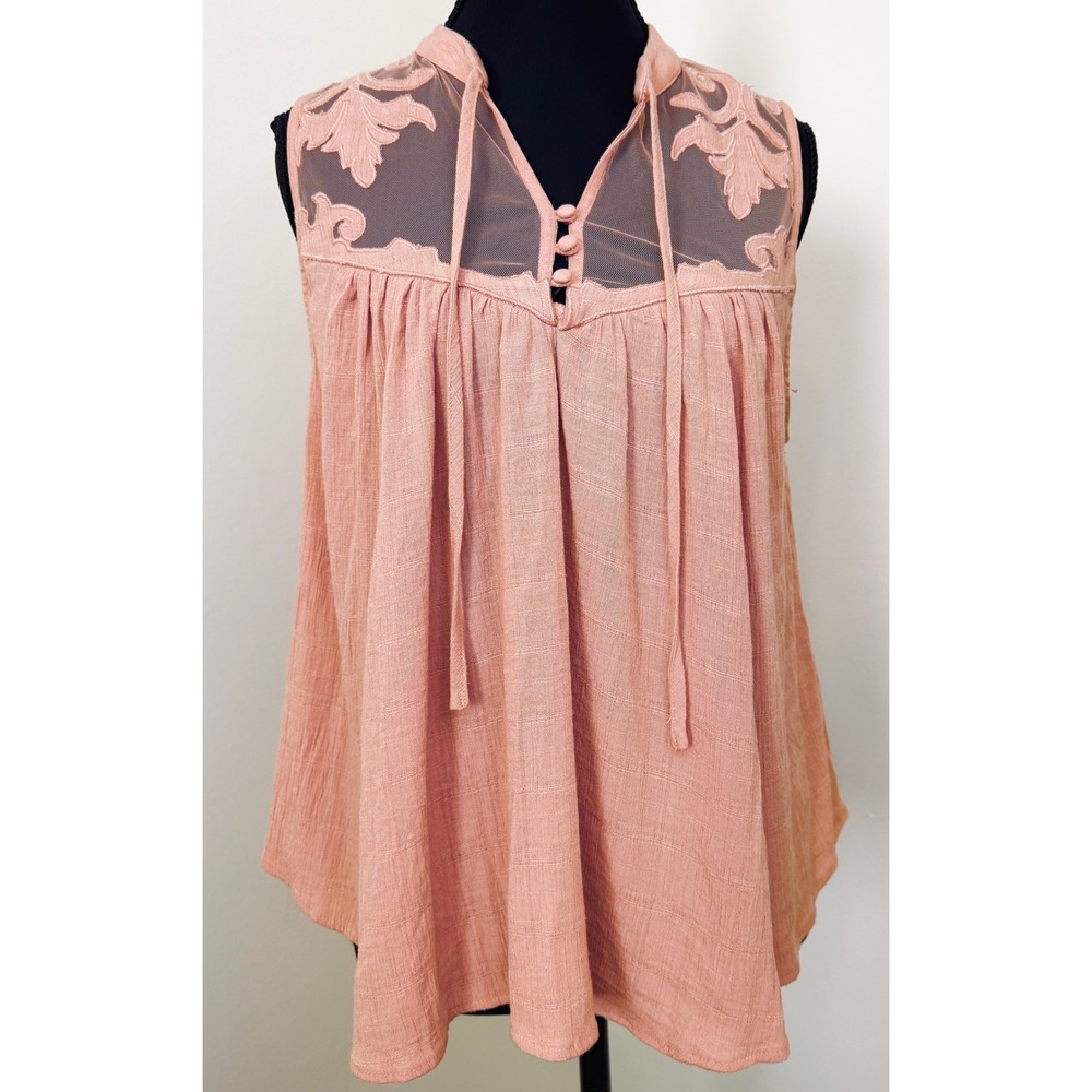 Free People Dusty Rose Mesh Floral Embroidered Sleeveless Boho Blouse Small